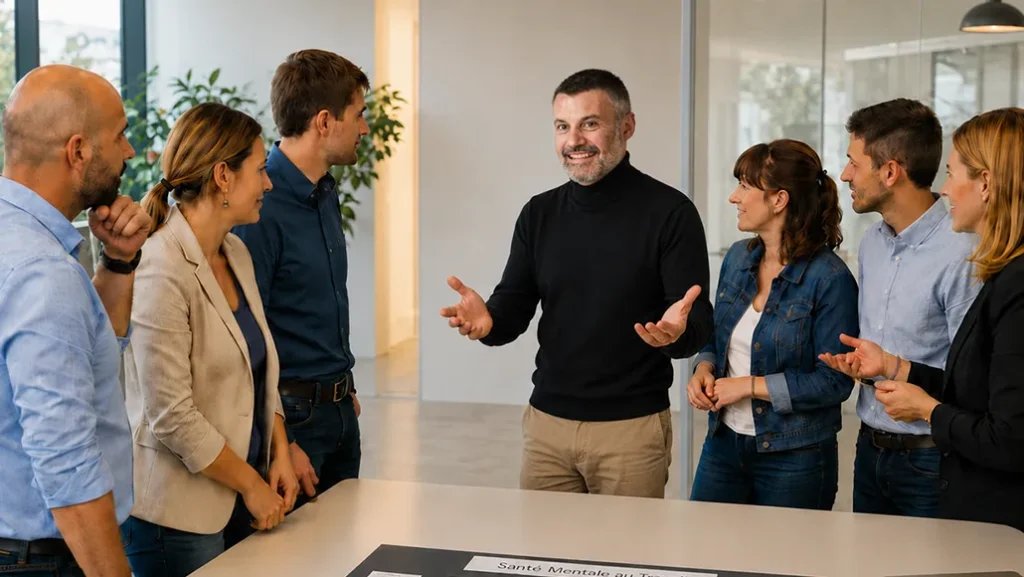 Gaëtan Caudron animant une Fresque pour parler de la santé mentale au travail avec un groupe de participants en entreprise