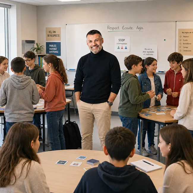Gaëtan Caudron animant un Serious Game de sensibilisation à la santé mentale avec des élèves en classe pour lutter contre le harcèlement scolaire