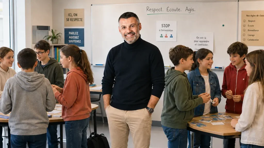 Gaëtan Caudron animant un Serious Game sur la santé mentale avec des élèves en classe