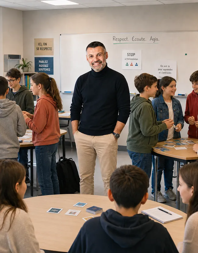 Gaëtan Caudron animant un Serious Game de sensibilisation à la santé mentale avec des élèves en classe pour lutter contre le harcèlement scolaire