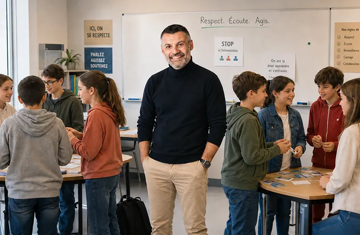 Gaëtan Caudron animant un Serious Game de sensibilisation à la santé mentale avec des élèves en classe pour lutter contre le harcèlement scolaire